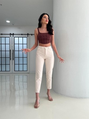 ByCukurovaFrango Harvey Kadın Bej Yüksek Bel Mom Likralı Jeans 2024