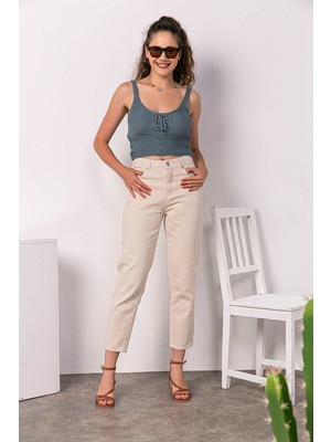 ByCukurovaFrango Dora Yüksek Bel Likralı Bej Mom Jeans Esnek Kot Pantolon 2024