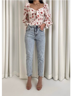 ByCukurovaFrango Vit Mom Jeans Eskitmeli Kar Yırtıklı 90S Boyfriend Yüksek Bel Kot