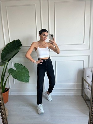 ByCukurovaFrango Zero Max Kadın Yüksek Bel Siyah Boyfriend Jeans Likralı Esnek Kot Pantolon
