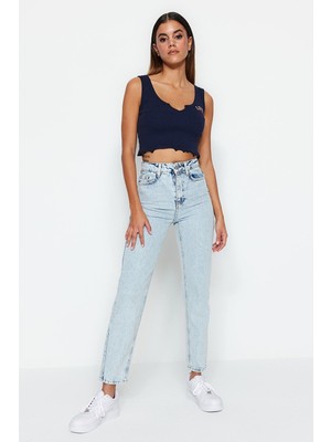 ByCukurovaFrango Monera Yüksek Bel Kar Yıkama Mavi Yüksek Bel Likralı Mom Jeans 2024