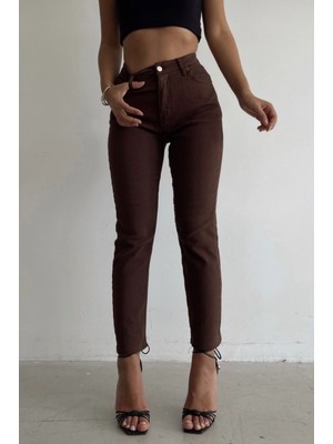 ByCukurovaFrango Yüksek Bel Kahve Mom Jeans Kahverengi Likralı Mom Jeans 2024