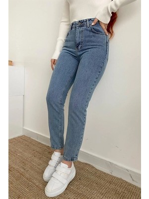 ByCukurovaFrango Max Kar Yıkama Mavi Kadın Yüksek Bel Mom Jean