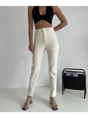 ByCukurovaFrango Jiona Yüksek Bel Krem Mom Jeans Krem Likralı Mom Jeans 2024