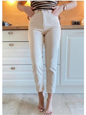 ByCukurovaFrango Kadın Yüksek Bel Bej Boyfriend Jeans Likralı Esnek Kot Pantolon 2024