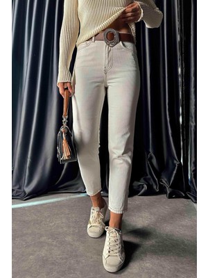 ByCukurovaFrango Penolope Kadın Iplik Detaylı Kadın Jean Pantolon Ekru