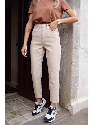 Yüksek Bel Bej Rengi Mom Jeans Likralı Esnek Kot Pantolon