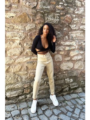 ByCukurovaFrango Yüksek Bel Bej Mom Jeans Likralı Esnek Kot Pantolon 2024