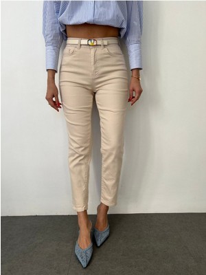 ByCukurovaFrango Penolope Kadın Krem Standart Kalıp Mom-Fit Jean