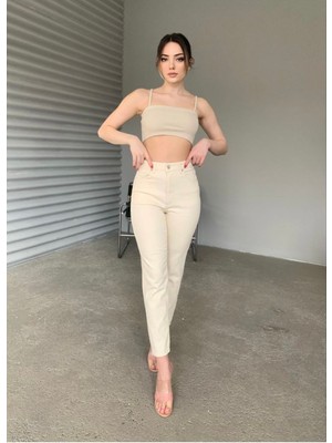ByCukurovaFrango Monera Kadın Bej Sade Mom Jean Pantolon 2024