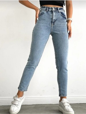 Jeans Açık Mavi Yüksek Bel Likralı Mom Jeans Pantolon
