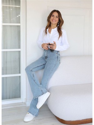 ByCukurovaFrango Ispanyol Paça Jean Mavi Kar Yıkama Ekstra Likra Yüksek Bel Uzun Bacak (Toparlayıcı)