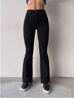 ByCukurovaFrango Selena Yüksek Bel Likralı Simsiyah Ispanyol Flare Jeans Pantolon