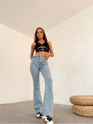 ByCukurovaFrango Melina's Ispanyol Yüksek Bel Solmaz Mavi Kar Kot Pantolon