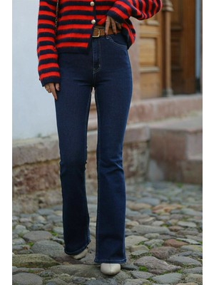 ByCukurovaFrango Mia Koyu Mavi Ispanyol Paça Flare Jeans Likralı Pantolon