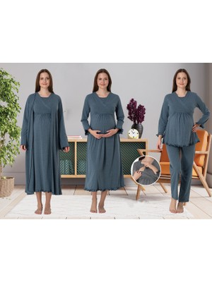 Effortt Dvina Effortt Lohusa 4'lü Set - Sabahlık/pijama Takımı/gecelik İndigo - 4046