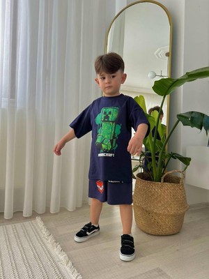 Erkek Çocuk Minecraft Modelli Baskılı Şortlu Pamuk Takım