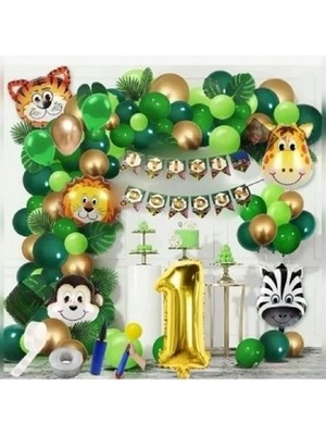 Bkmc Safari Temalı Doğum Günü Konsepti 1 Yaş Folyo Lüks Zincir Balon Seti Renkli 25 Parça