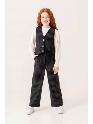 Miniğimin Cicileri (9-13 Yaş) Blazer Yelekli Çizgili 3 Lü Kız çocuk takım - Siyah