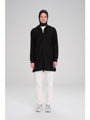 Haşema Yumuşak Dokulu Reglan Kapüşonlu Fermuarlı Siyah Basic Günlük Sweatshirt Act-12
