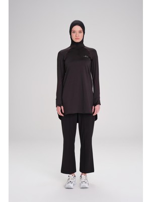 Haşema Active H-Per Uzun Kollu Siyah Fermuarlı Tesettür Antrenman Tişörtü Polyester Malzeme