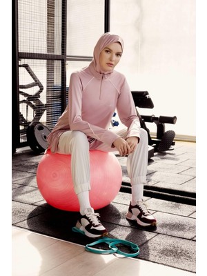 Haşema Active H-Per Biyeli Uzun Kollu Fermuarlı Yaka Pembe Tesettür Antrenman Tişörtü Act-18