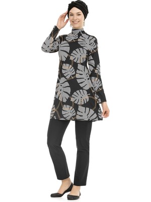 Kadın Siyah Desenli Uzun Kollu Tesettür Mayo HZL25S-AR268-515