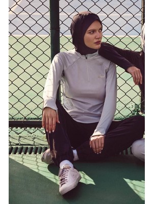 Haşema Active H-Per Uzun Kollu Fermuarlı Yaka Gri Tesettür Antrenman Tişörtü %100 Polyester