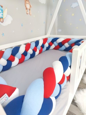 Lucky Kids 190 cm Örgü Korumalık Lacivert-Bebemavi-Kırmızı-Beyaz 4'lü Örgü Beşik Koruyucu