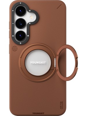 Galaxy S25 Kılıf Magsafe Uyumlu 360 Standlı Mat Deri Youngkit Tech Leather Kapak Kahverengi