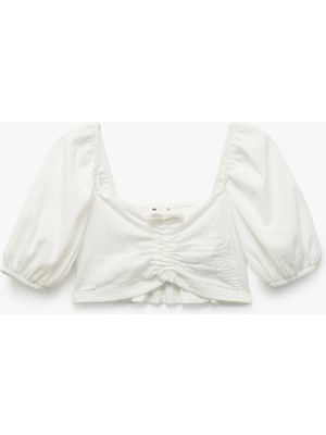 Koton Kare Yaka Gipe Detaylı Balon Kollu Crop Bluz