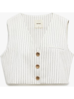 Koton Pamuklu Düğmeli V Yaka Kolsuz Çizgili Crop Blazer Yelek