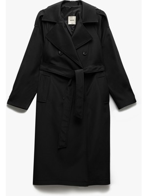 Koton Cepli Uzun Kollu Kemerli Kruvaze Uzun Gabardin Trençkot