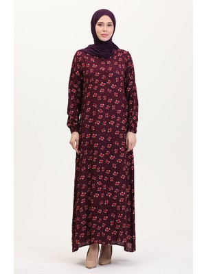 Sefa Merve Desenli Viskon Elbise 0007-03 Mürdüm