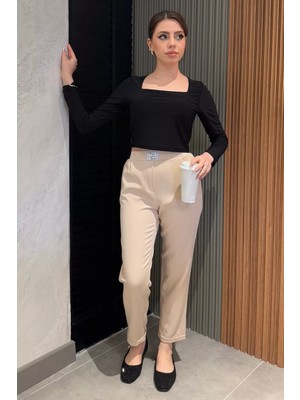 Gülseli Büyük Beden Bel Lastikli Duble Paça Kadın Pantolon