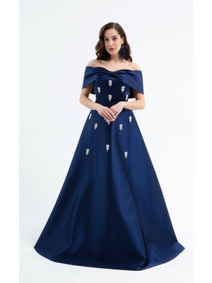 Kadın Lacivert Straplez Taşlı Uzun Saten Abiye Elbise