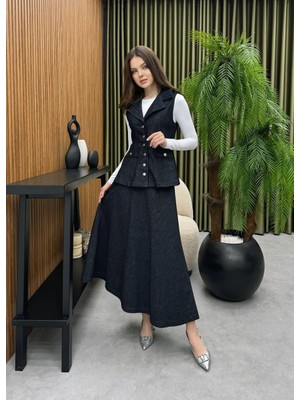 Premium Kalite Çizgili Jean Yelek Etek Ikili Takım Tesettür Uyumlu Kot Yelekli Takım Etekli Takım