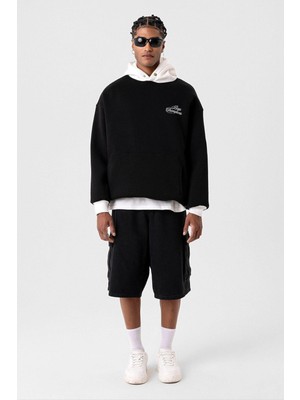 Yazı Detaylı Oversize Kapüşonlu Sweatshirt Siyah