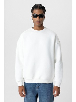 Vamos Basıc Oversize Bisiklet Yaka Sweatshirt Ekru