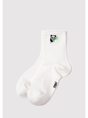 Mavi Panda İşlemeli Ekru Soket Çorap 1913248-70048