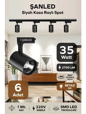 ŞANLED Siyah Kasa Beyaz/Günışığı 35W Raylı Spot / 6 Adet + 1 Metre Ray