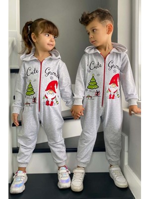 Riccotarz Kız Erkek Bebek Üzerinde Noel Baba ve Ağaç Önü Fermuarlı Kapüşonlu Gri Tulum