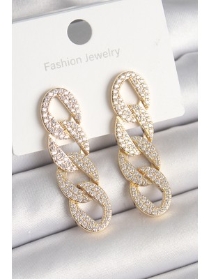 Callerrons Accessories Pirinç Gold Renk Zirkon Taşlı Zincir Model Kadın Küpe - EBJ250301W31475