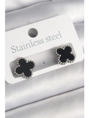 Callerrons Accessories Gümüş Renk Siyah Yonca Model Kadın Küpe - EBJ250301W31474