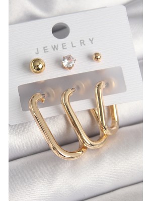 Callerrons Accessories Pirinç Gold Renk Halka Model Zirkon Taş Topçuk Detay Kadın Küpe Seti - EBJ250301W31587
