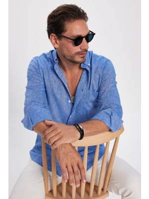 Tudors Erkek Regular Fit Klasik Kesim Oversize Pamuklu Keten Doku Düğmeli Yaka Koyu Mavi Gömlek