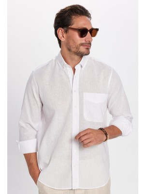 Tudors Erkek Regular Fit Klasik Kesim Oversize Pamuklu Keten Doku Düğmeli Yaka Beyaz Gömlek