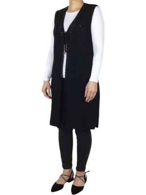 Ece Giyim Kadın Alta Doğru Volanlı Önden Bağcıklı Uzun Merserize Yelek