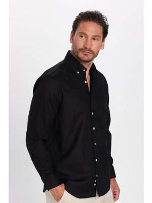 Tudors Erkek Regular Fit Klasik Kesim Oversize Pamuklu Keten Doku Düğmeli Yaka Siyah Gömlek