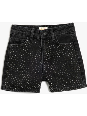 Koton Kız Çocuk Taş Detaylı Pamuklu Denim Şort Normal Bel Cep Detaylı Yazlık Rahat Fit